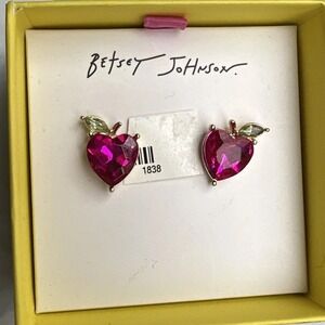 Betsey Johnson Fuchsia Heart-Shaped Apple Stud Earrings, NEW No Lid For Box